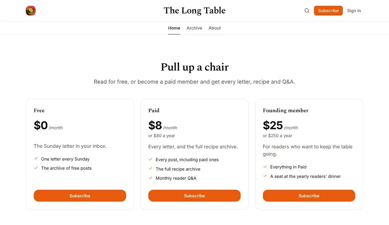 The Plans page: Pull up a chair, with Free, Paid at $8 a month and Founding member at $25 a month
