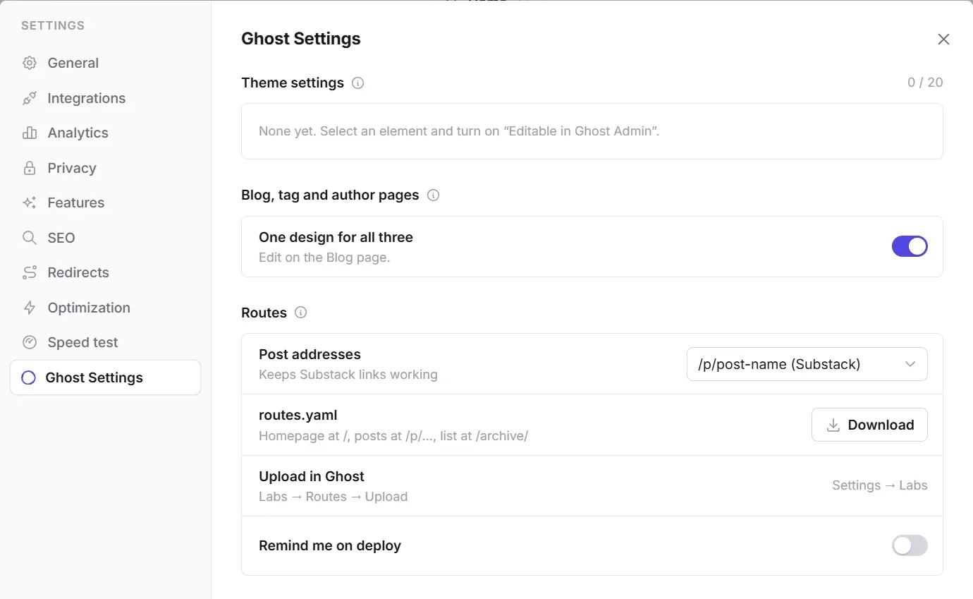Ectobuilder Ghost Settings: Post addresses set to /p/post-name (Substack), and a Download button for routes.yaml