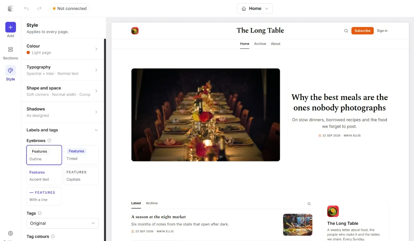 The Ectobuilder editor with the Style panel open on the left: Colour, Typography, Shape and space, Shadows, Labels and tags, next to the Newsletter homepage