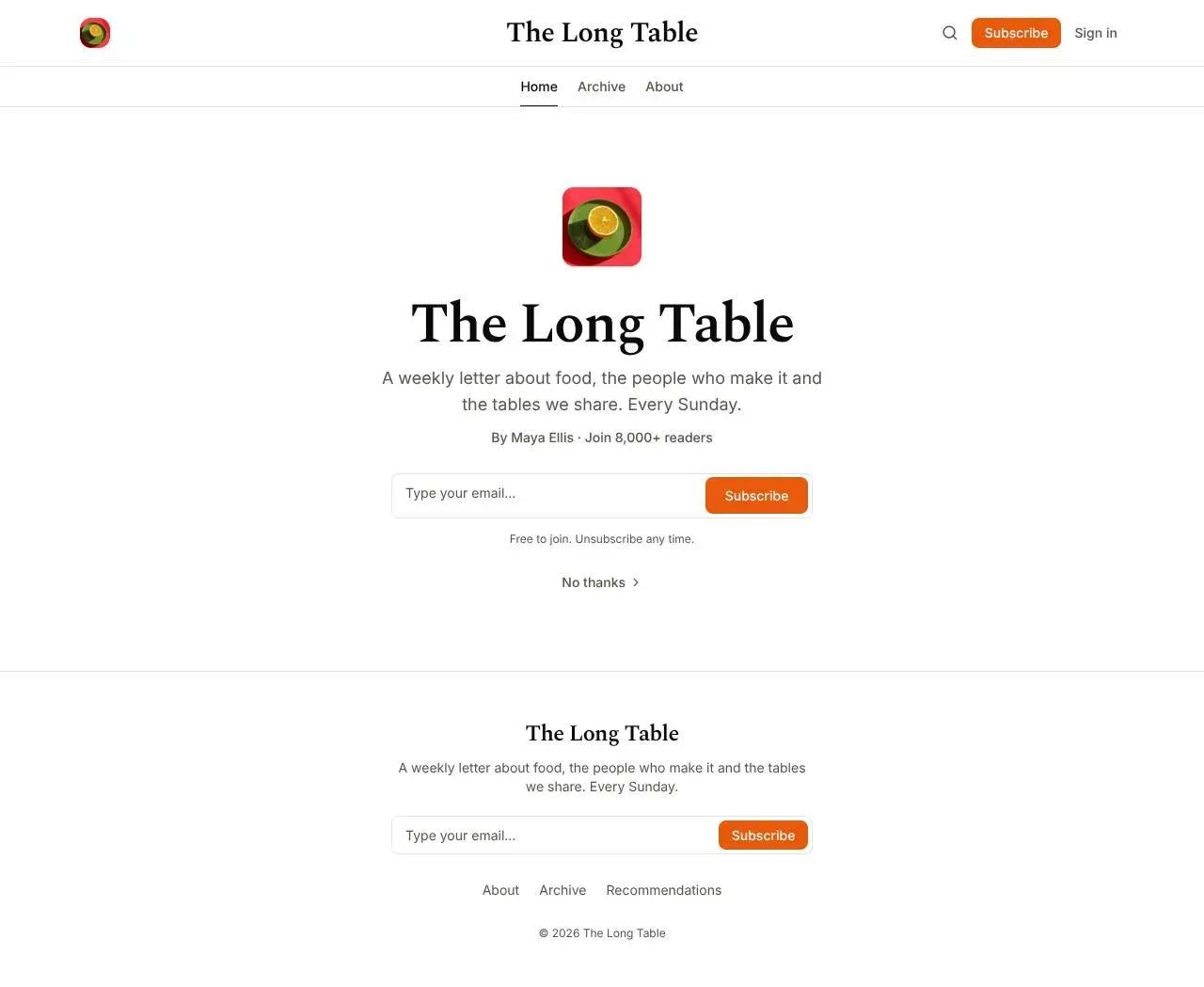 The Welcome page: the publication icon, The Long Table, a one-line description, an email box with a Subscribe button and By Maya Ellis, Join 8,000+ readers