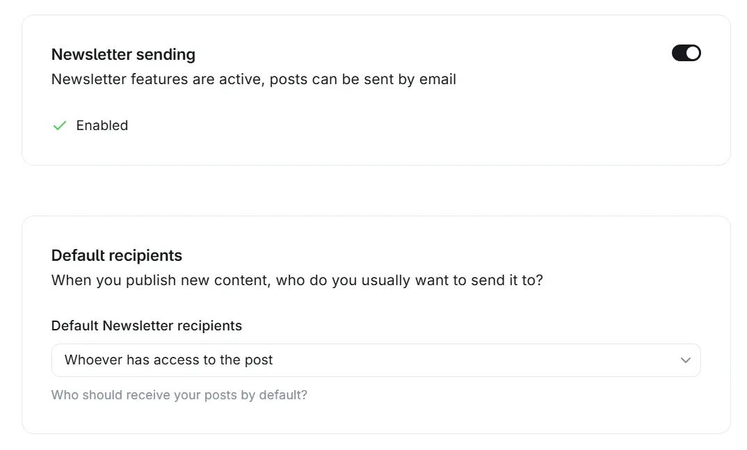Ghost Admin Settings, Newsletters: Newsletter sending enabled, and Default recipients set to Whoever has access to the post