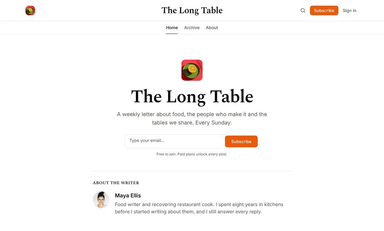 The About page: the publication icon and name, a one-line description, an email box, and an About the writer card with a photo, name and short bio