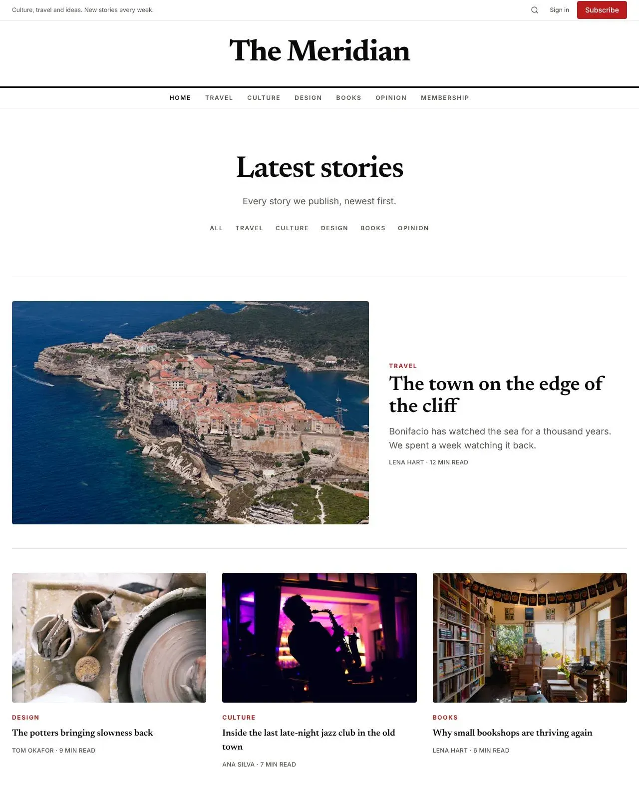 The Magazine theme's blog page: a big Latest stories title, section links, a lead story with a photo, and a row of three stories