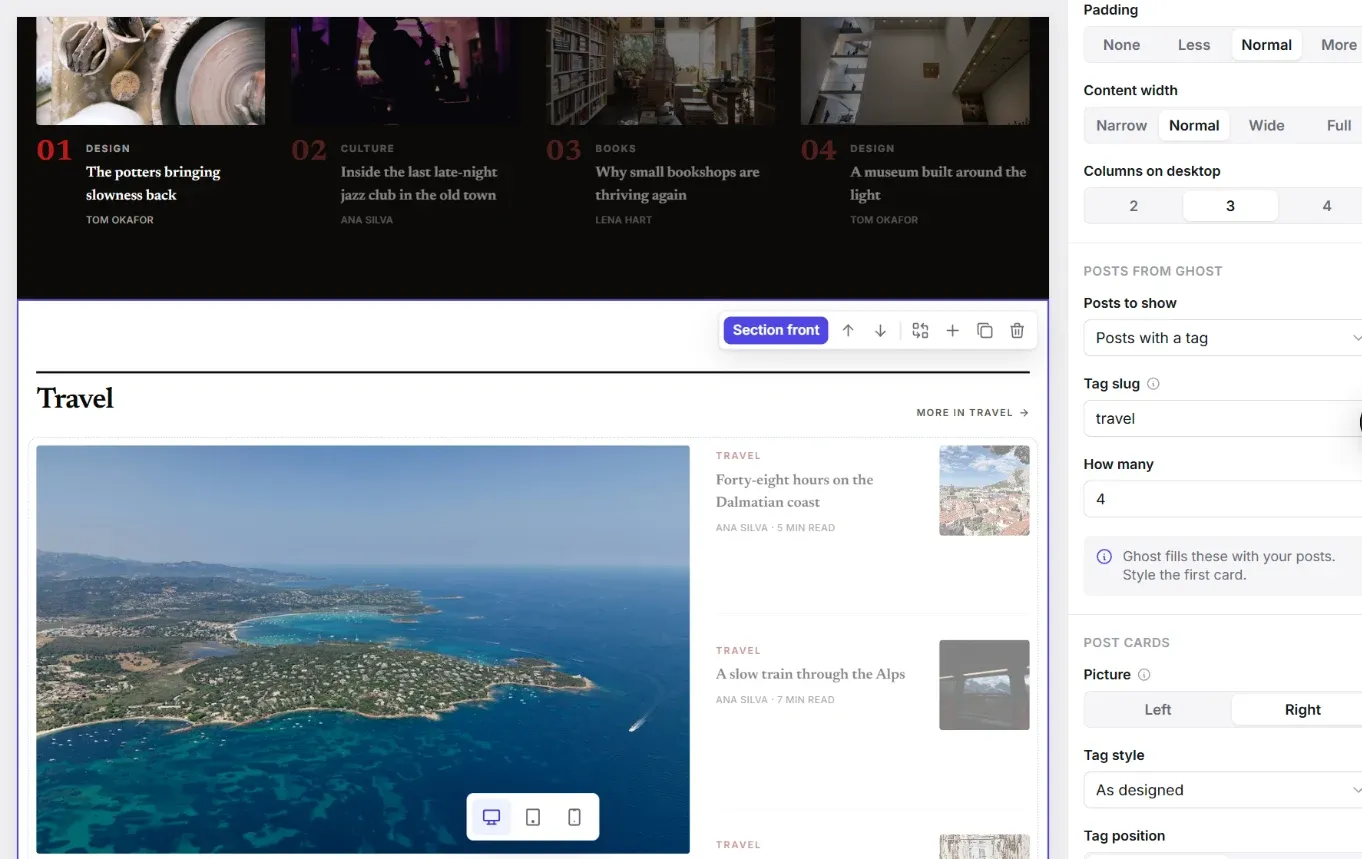 The Ectobuilder editor with the Travel section front selected and the Posts from Ghost settings showing Posts with a tag, tag slug travel