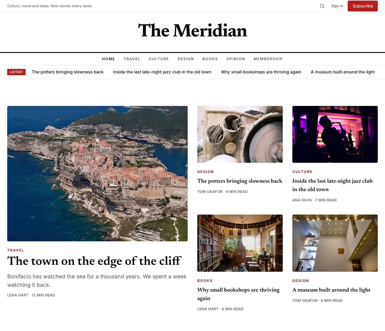 The Magazine theme homepage: The Meridian masthead with section links, a Latest strip, and a front page with a big lead story about a clifftop town and four smaller stories