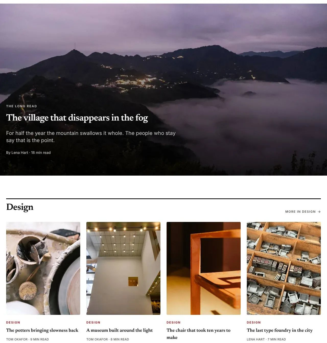 The long read band: a misty mountain village at dusk behind the headline The village that disappears in the fog, then the Design row with four tall pictures