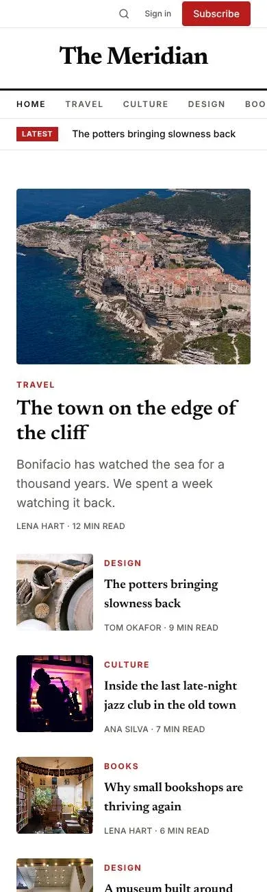 The Magazine theme on a phone: the masthead, section links, the lead story and smaller stories as compact rows
