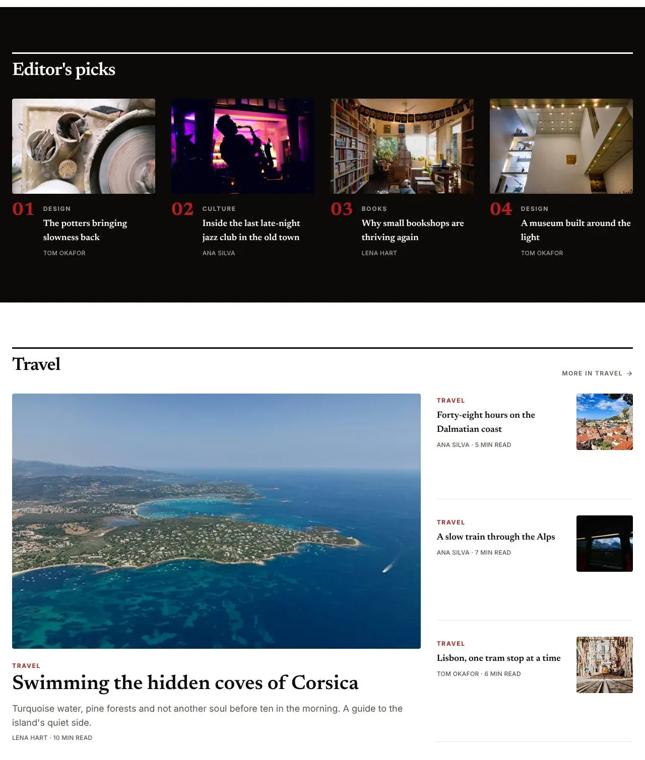 The Editor's picks band with four numbered stories on a dark background, and below it the Travel section front with a lead story and three smaller ones