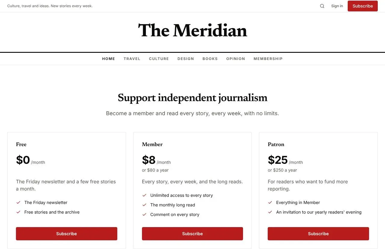The Membership page: Support independent journalism, with Free, Member at $8 a month and Patron at $25 a month