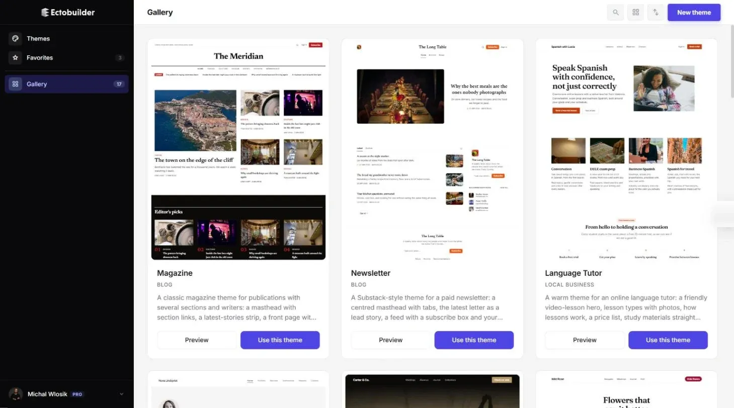 Ectobuilder theme gallery with Magazine, Newsletter and Language Tutor themes, each with Preview and Use this theme buttons