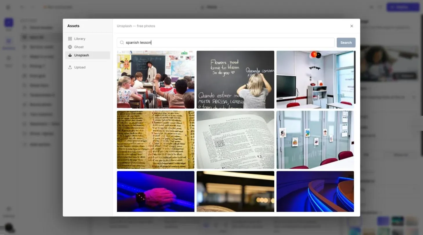 Assets dialog with an Unsplash search for spanish lesson showing a grid of photos