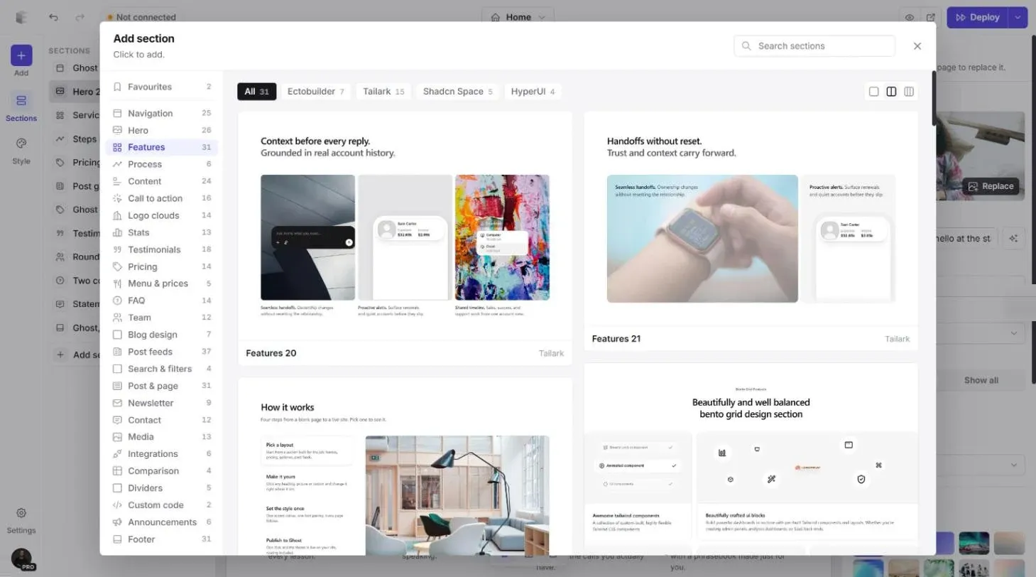 Add section dialog with categories on the left and Features sections shown as thumbnails