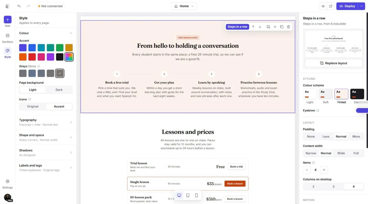 Style panel with accent colour swatches, grey tones and page background options, and the page updating live