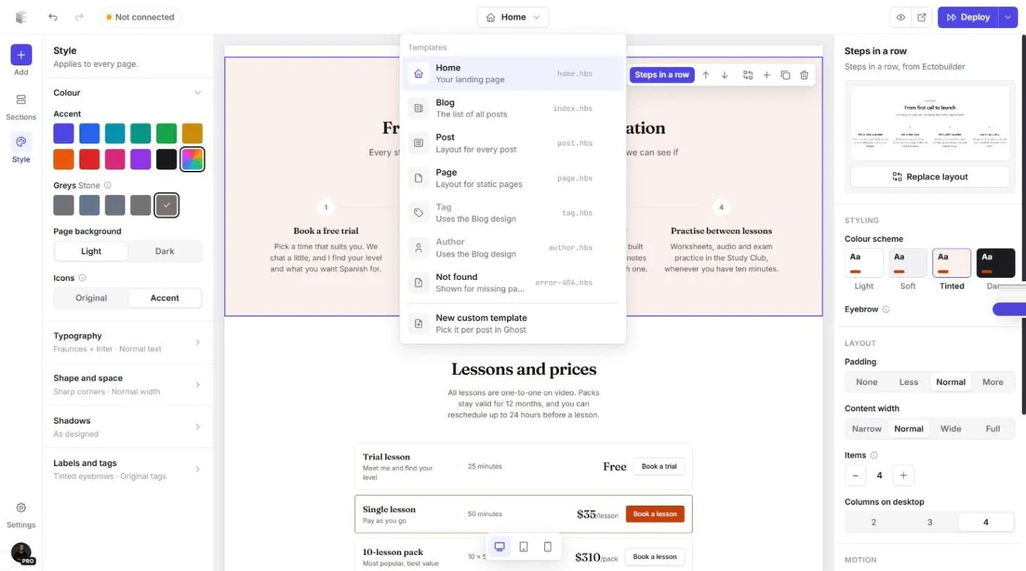 Page switcher open showing Home, Blog, Post, Page, Tag, Author, Not found and New custom template