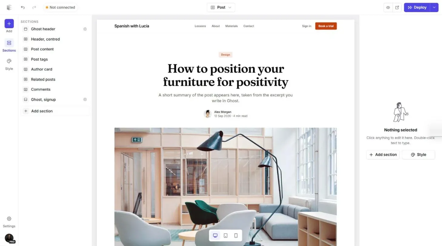 Post template in the editor with a post title, author, feature image and sections for post content, author card and related posts