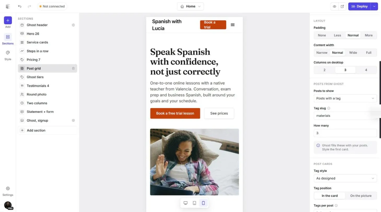 The Language Tutor homepage shown at phone width in the editor, with a collapsed menu and stacked hero