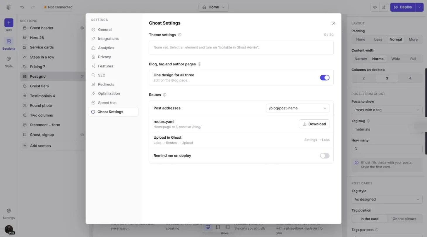 Ghost Settings in Ectobuilder: theme settings, one design for blog, tag and author pages, and routes with a routes.yaml download button