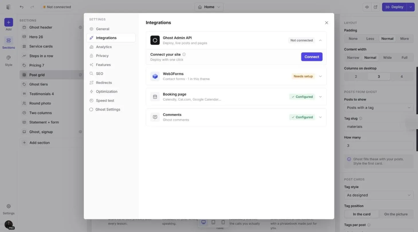 Settings, Integrations: Ghost Admin API not connected with a Connect button, plus Web3Forms, Booking page and Comments