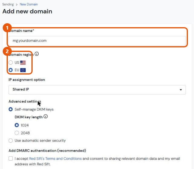 The Mailgun Add new domain form with mg.yourdomain.com as the domain name and EU selected as the region