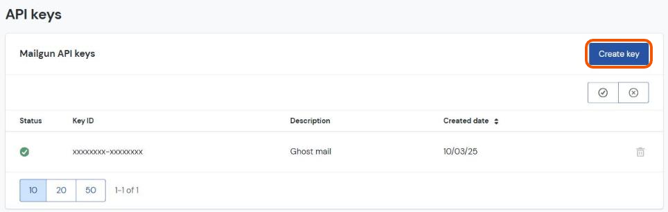 The Mailgun API keys page with the Create key button