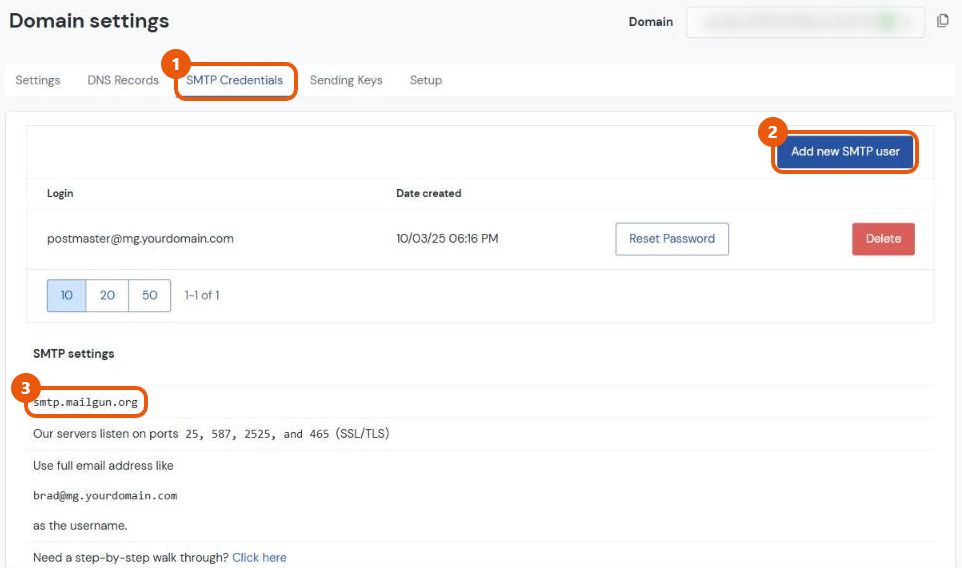 Mailgun Domain settings, SMTP Credentials tab, with the Add new SMTP user button, a postmaster login and the SMTP server address