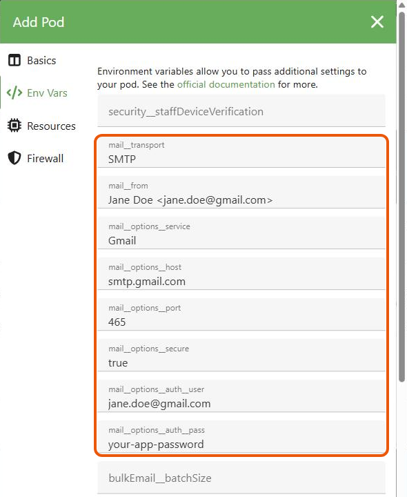 The Env Vars tab in PikaPods with the mail settings filled in for Gmail: SMTP, smtp.gmail.com, port 465, secure true, a Gmail address and an app password