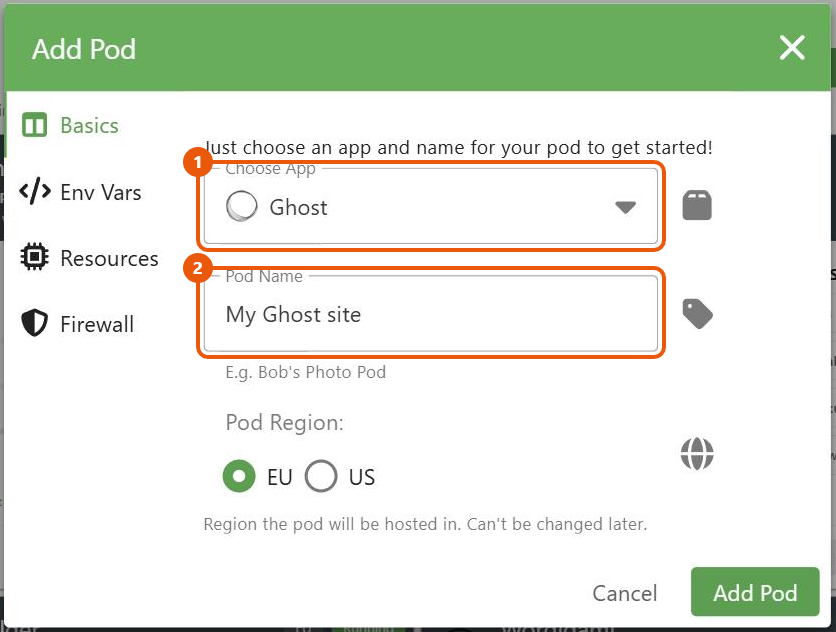 The PikaPods Add Pod dialog with Ghost chosen as the app and My Ghost site as the pod name