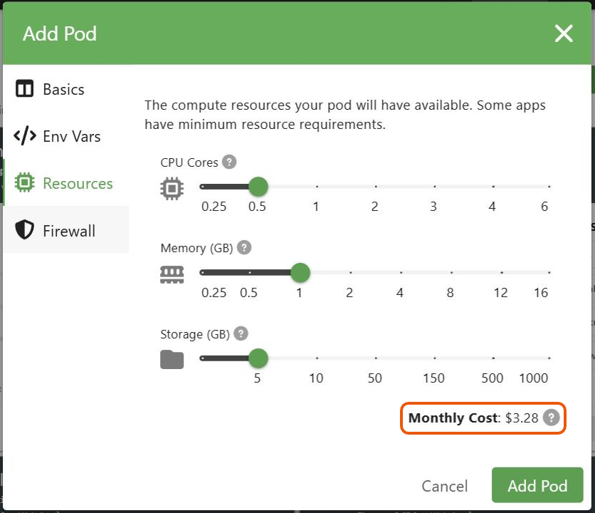 The PikaPods Resources tab with sliders for CPU cores, memory and storage, and a monthly cost of $3.28