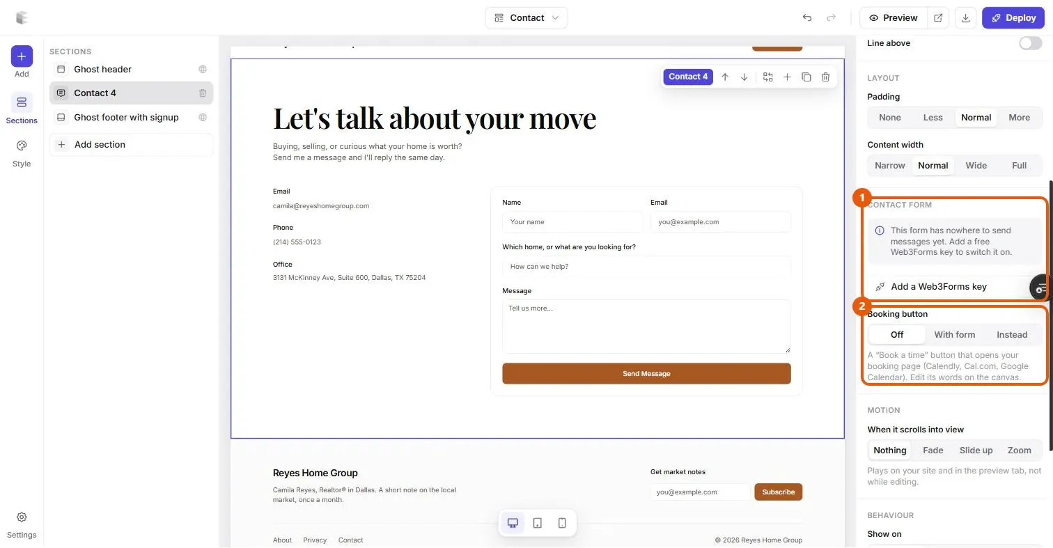 A contact section selected in Ectobuilder, with the Contact form and Booking button settings on the right