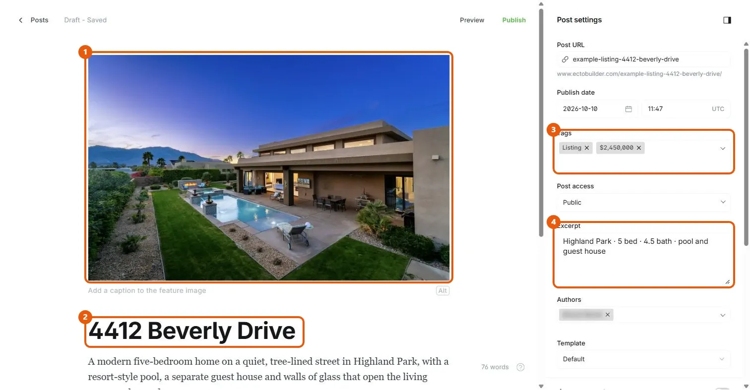 A listing post in Ghost Admin with Listing and price tags and an excerpt in Post settings