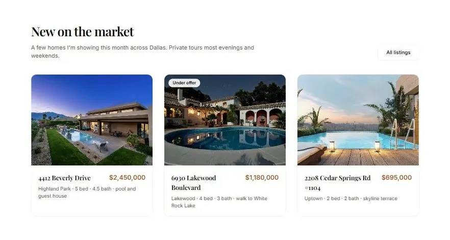 The New on the market section showing three listing cards with photos, addresses, prices and an Under offer badge