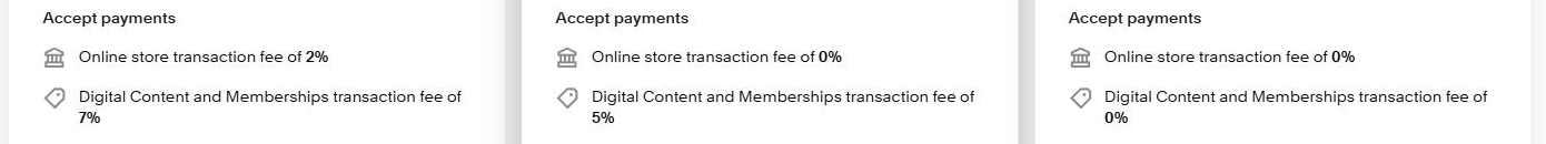Squarespace pricing page: Basic charges an online store transaction fee of 2% and a digital content and memberships fee of 7%; Core 0% and 5%; Advanced 0% and 0%
