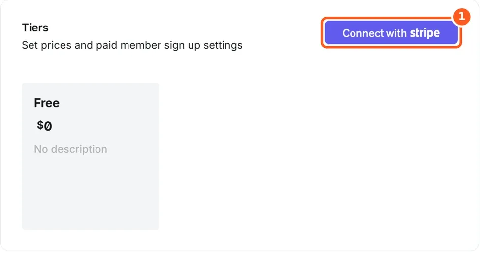 Ghost Settings, Tiers section with the Connect with Stripe button highlighted