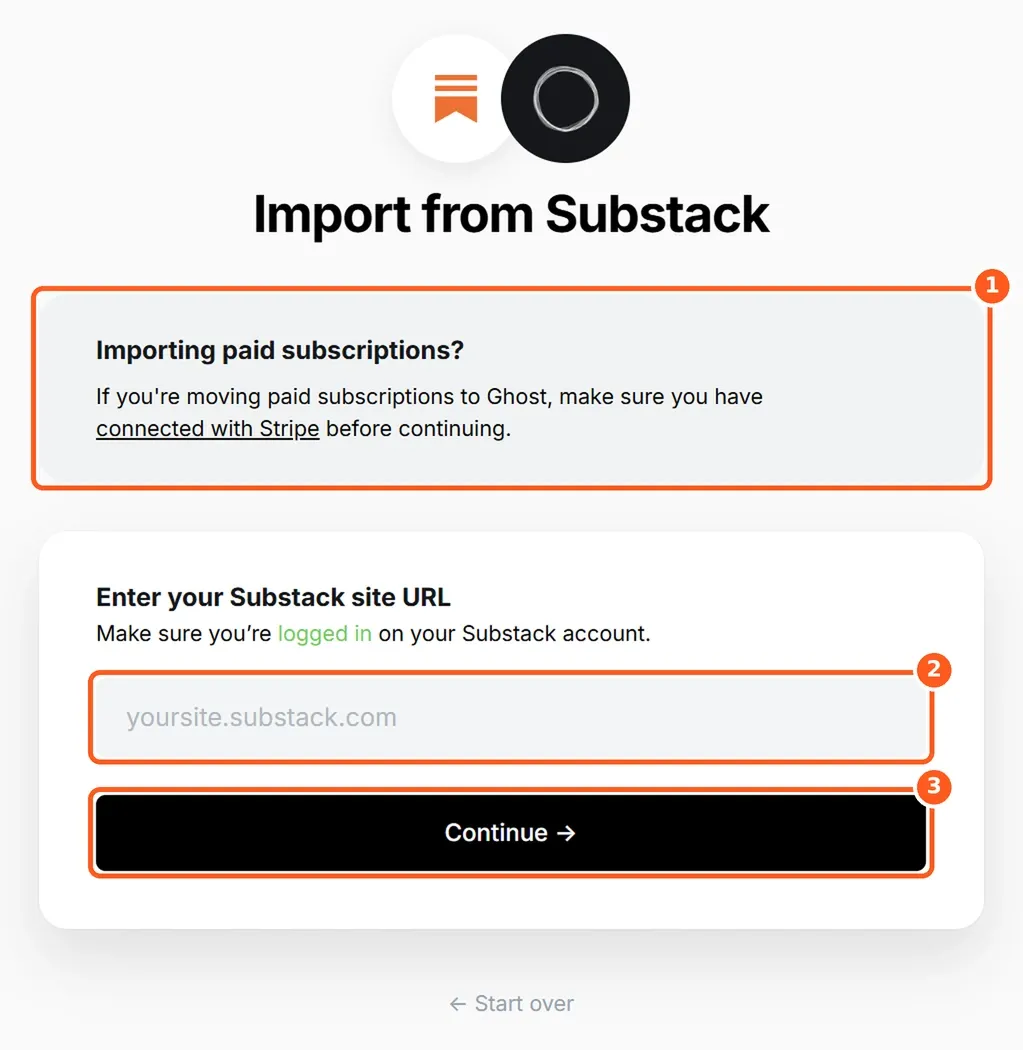 Import from Substack screen with the Stripe reminder, the URL field and the Continue button highlighted