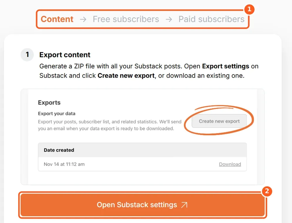Export content step in Ghost's Substack importer