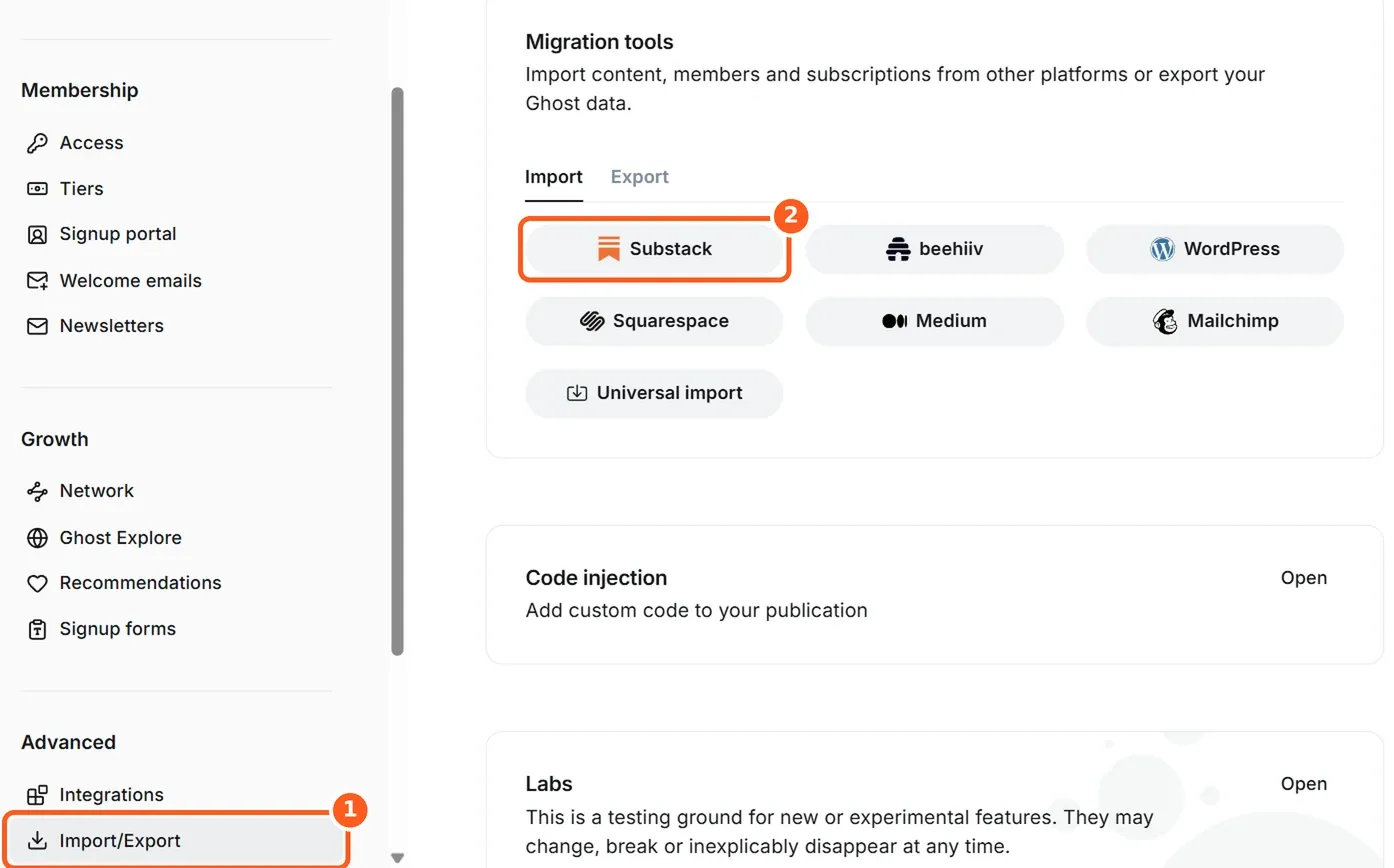 Ghost Settings showing Migration tools with the Substack button highlighted