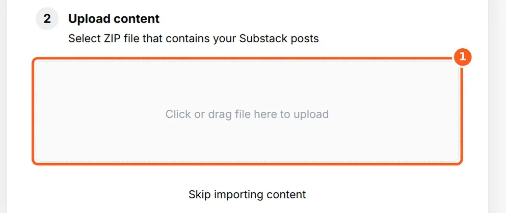 Upload content step with the file drop area highlighted