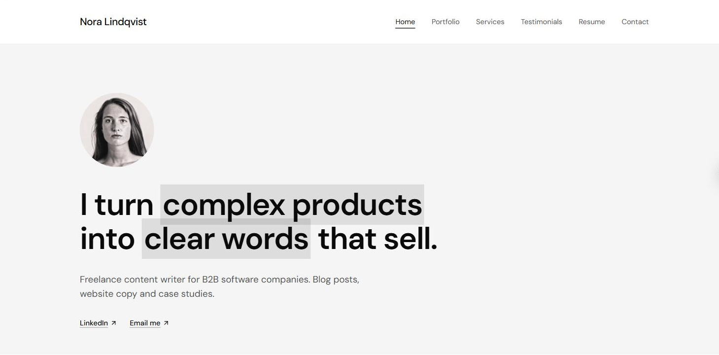 The homepage of the Writer Portfolio theme for Ghost: a portrait, the headline I turn complex products into clear words that sell, and a menu with Portfolio, Services, Testimonials, Resume and Contact