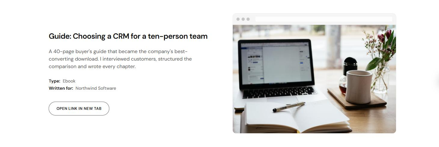 A project row: title, description, type, client, an Open link button and a screenshot in a browser frame