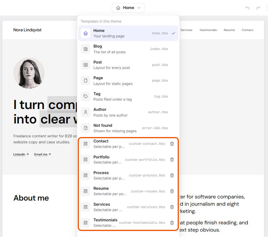 The Ectobuilder page menu listing the theme's templates: Home, Blog, Post, Page, and custom Contact, Portfolio, Process, Resume, Services and Testimonials templates
