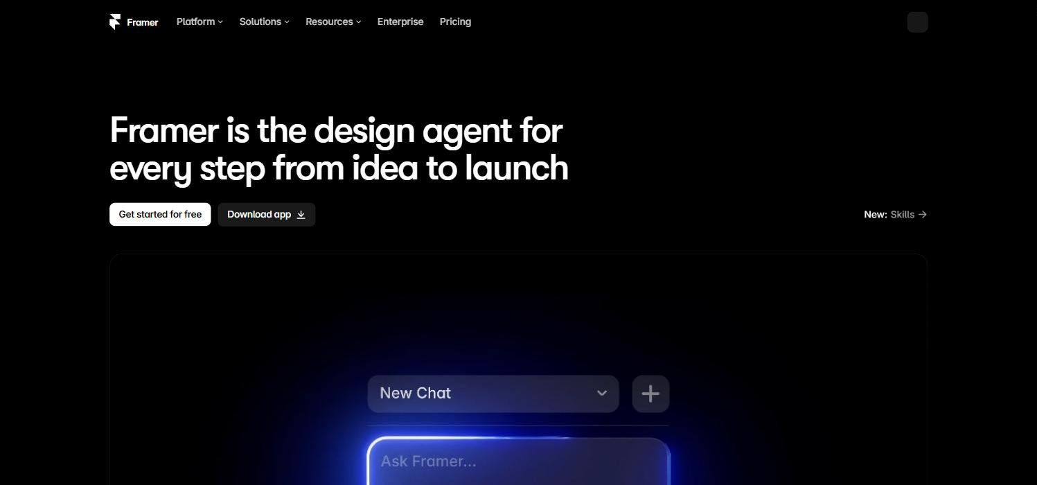 The Framer homepage describing Framer as a design agent for every step from idea to launch