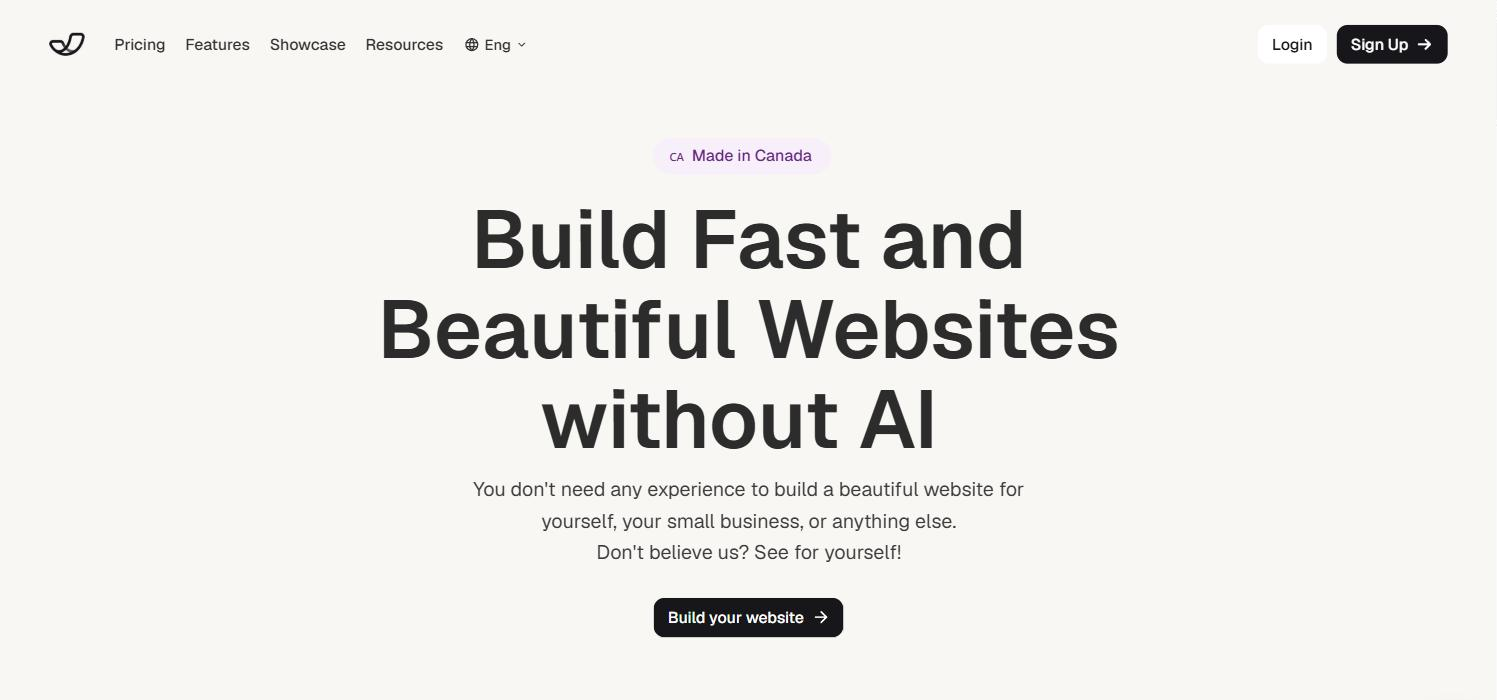 The Umso homepage with the headline Build Fast and Beautiful Websites without AI