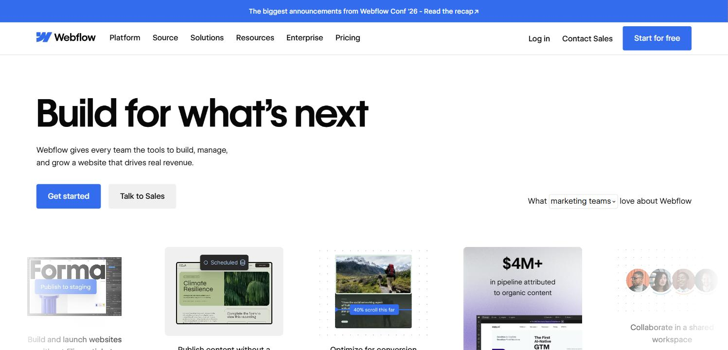 The Webflow homepage with the headline Build for what's next
