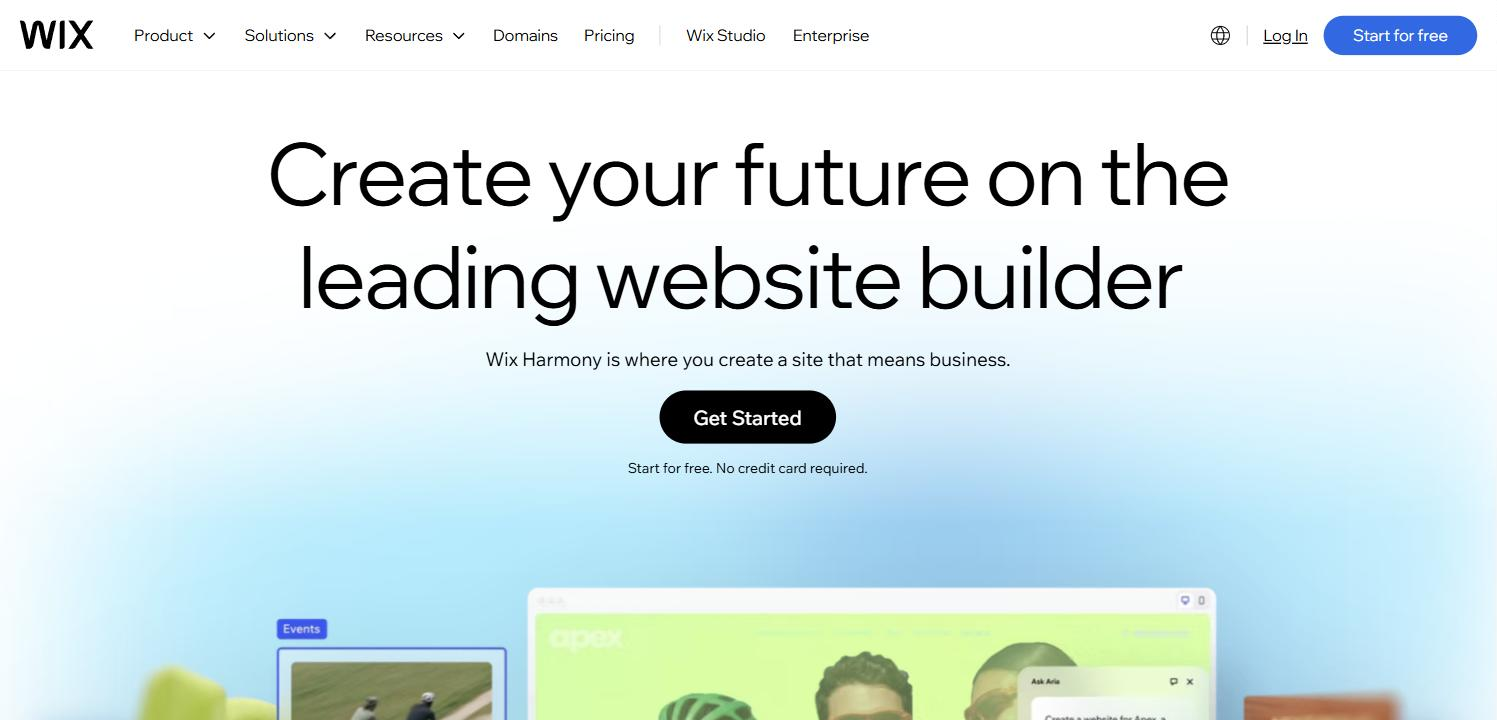 The Wix homepage with the headline Create your future on the leading website builder