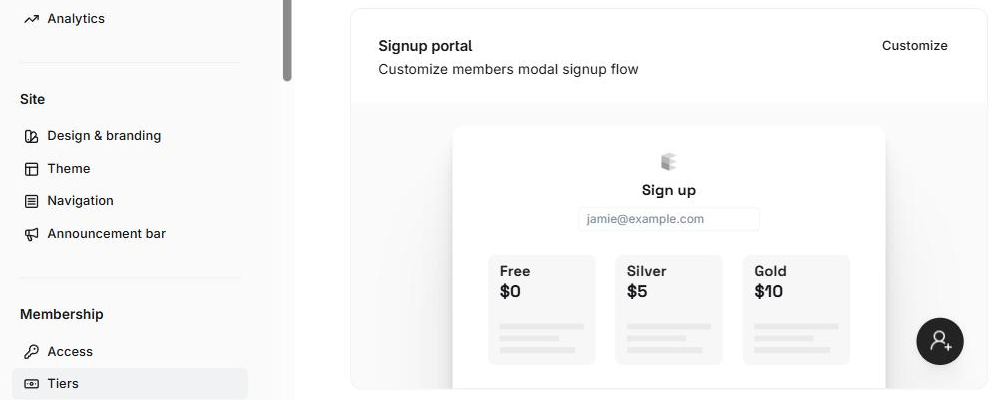 Ghost Admin Signup portal preview with Free, Silver and Gold membership tiers