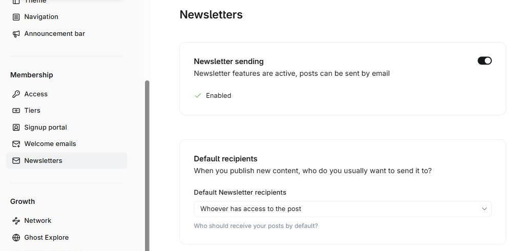 Ghost Admin Newsletters settings with newsletter sending enabled