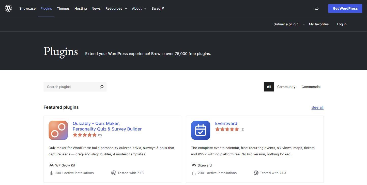 The WordPress.org plugin directory, which says Browse over 75,000 free plugins